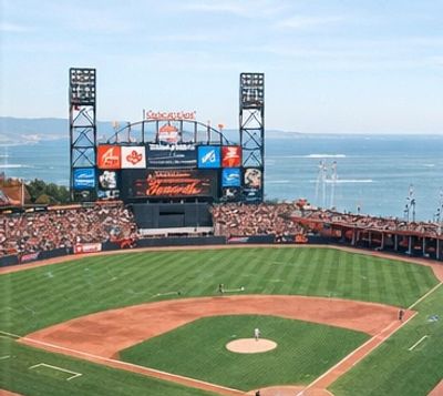 A crowded baseball stadium with a scenic waterfront backdrop.