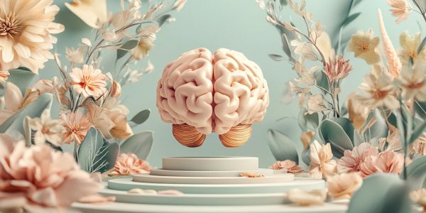 A brain surrounded by flowers on a pedestal.