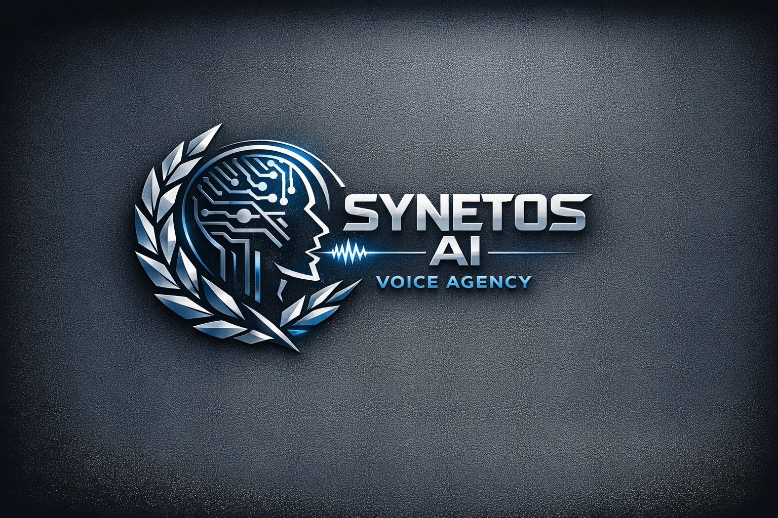 Metallic logo for Synetos AI Voice Agency with a tech-inspired human profile and laurel wreath.