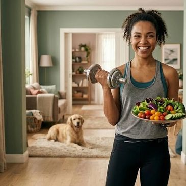Smiling woman holding dumbbell and plate of fresh vegetables at home.