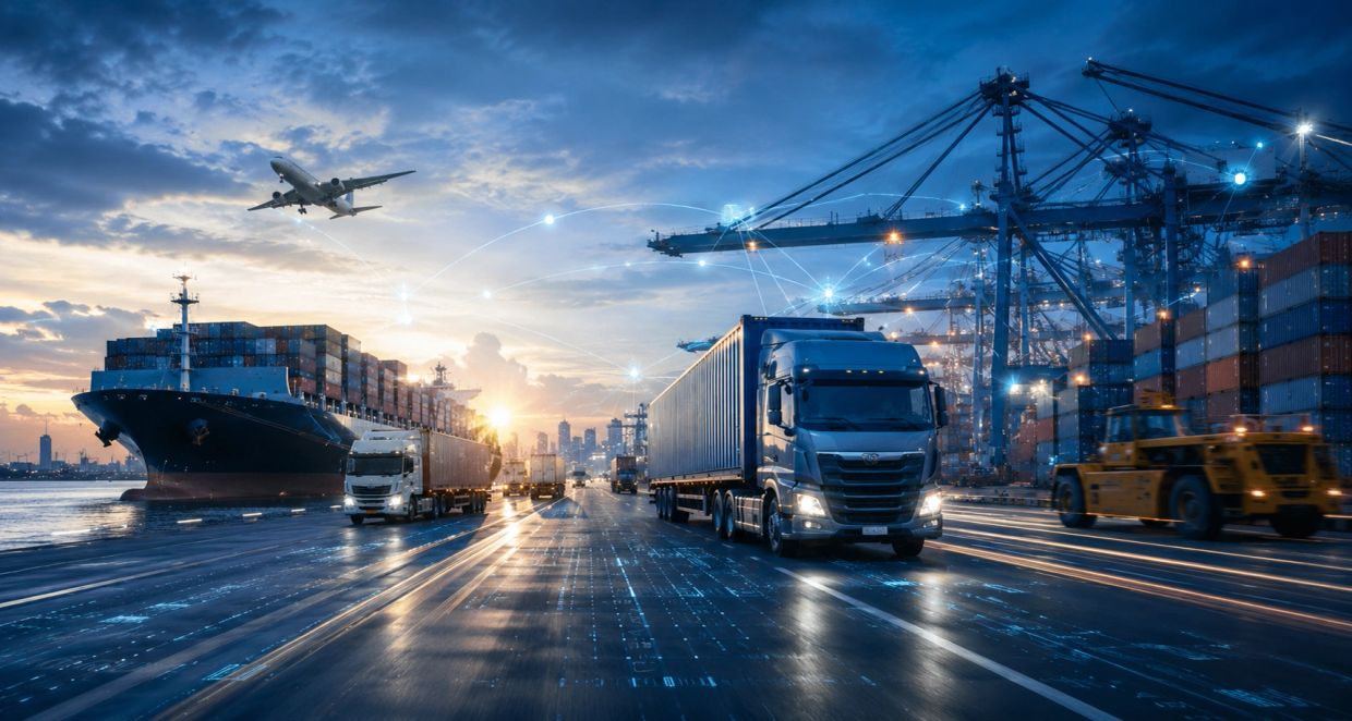 Logistics hub with trucks, ship, and airplane at sunset.