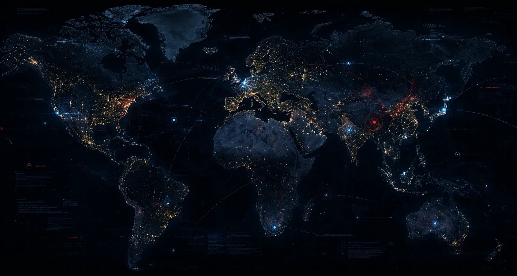 Nighttime world map with illuminated cities and digital data points.