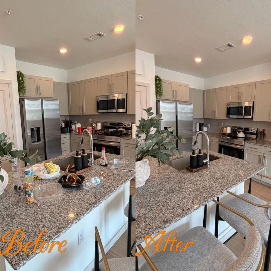 Orange Cleaning’s kitchen gallery comparison showing the counter before and after cleaning