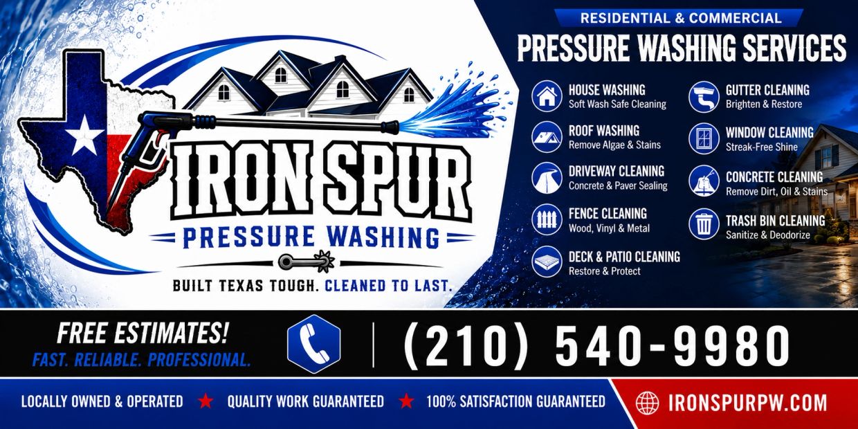 Advertisement for Iron Spur Pressure Washing with contact info and services.