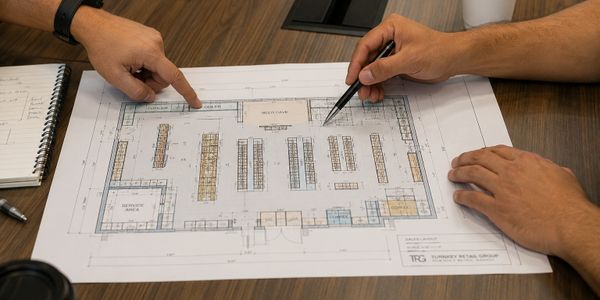 Two people discussing a detailed architectural floor plan on a table.