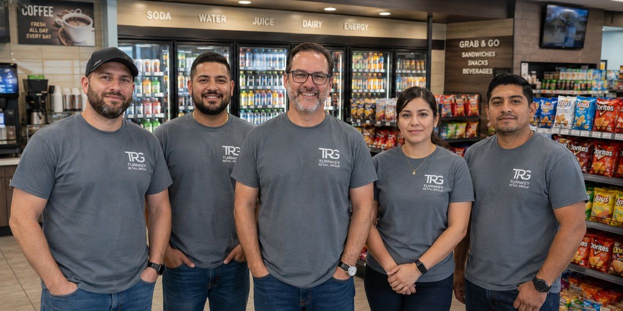 Five retail employees smiling in a convenience store.