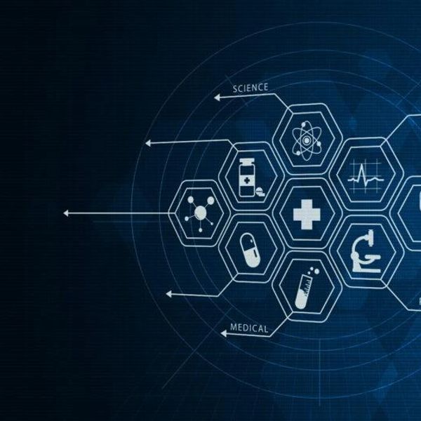 Digital medical and science icons connected in hexagons on a blue background.