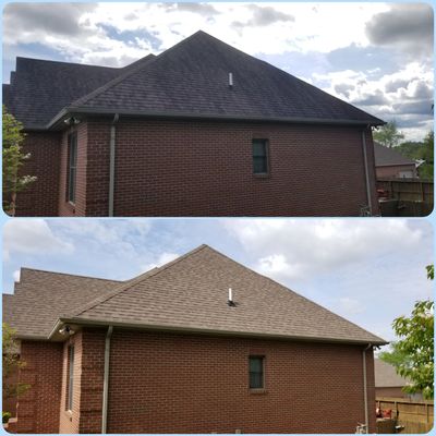 Before and after picture of a roof cleaning