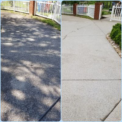 Before and after picture of pressure washing a driveway