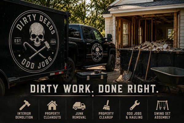 Truck and trailer with demolition and cleanup service logos.