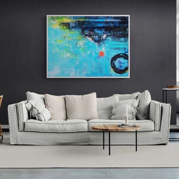 Modern living room with abstract wall art above a light gray sofa.