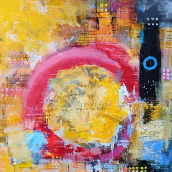 Abstract painting with vibrant red, yellow, blue, and black elements.
