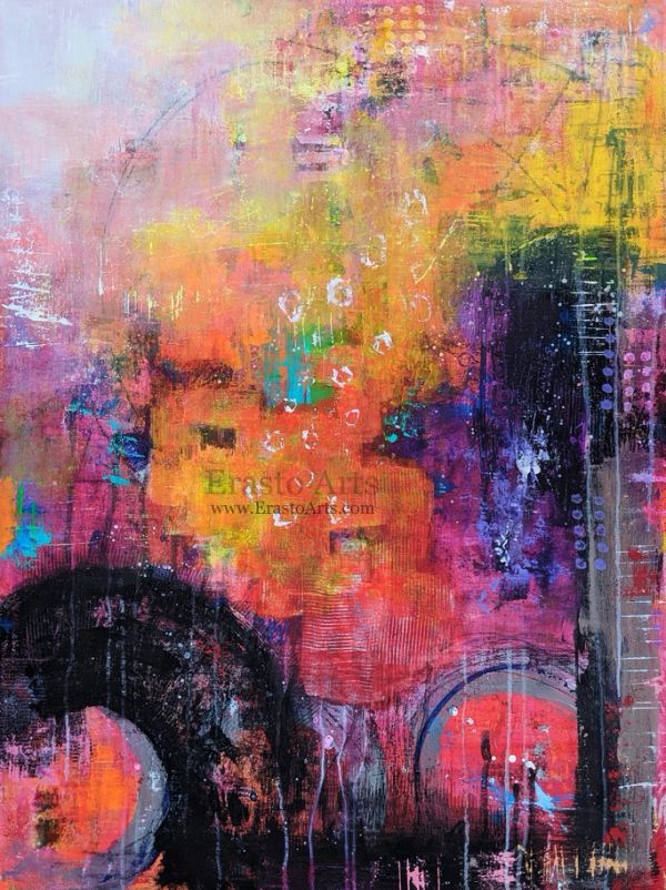 Vibrant abstract painting with rich reds, oranges, purples, and blacks.