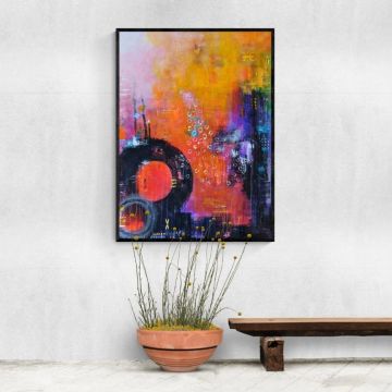 Abstract colorful painting with orange, navy blue, and purple tones.