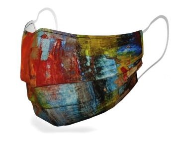 Colorful face mask with abstract art design in vibrant reds, blues, and yellows.