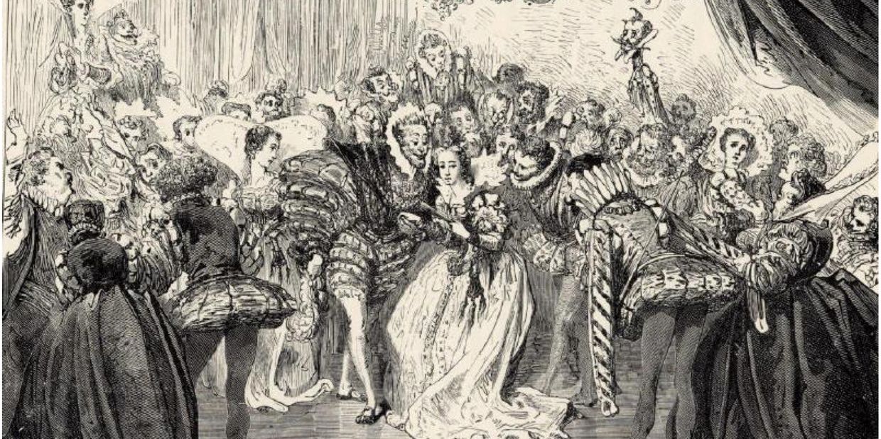 An elaborate Renaissance ball with dancers in period costumes.