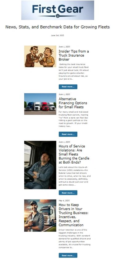 Newsletter page with trucking industry news, tips, and advice for fleet management.