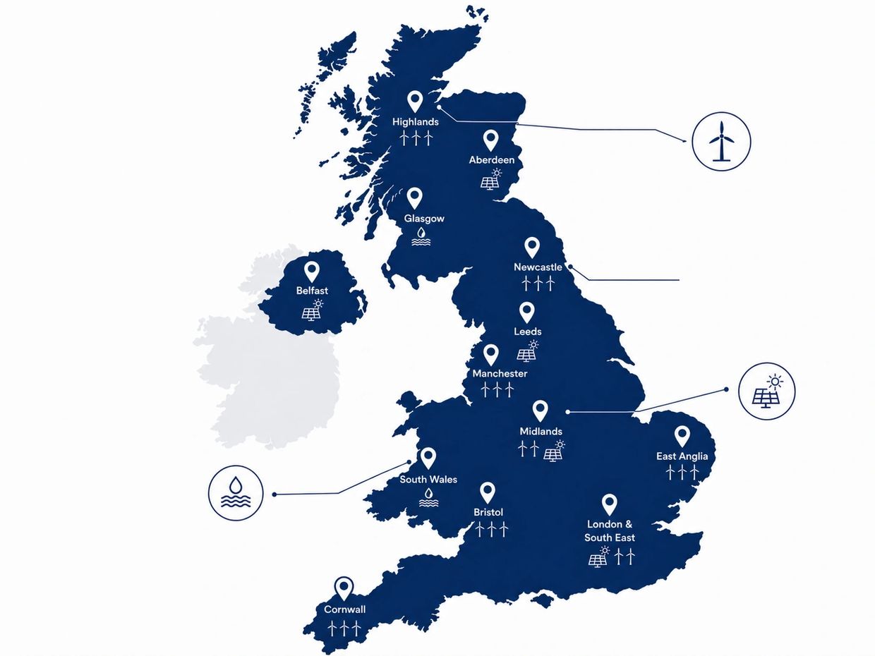 Map showing renewable energy sources across UK regions with wind, solar, and water icons.