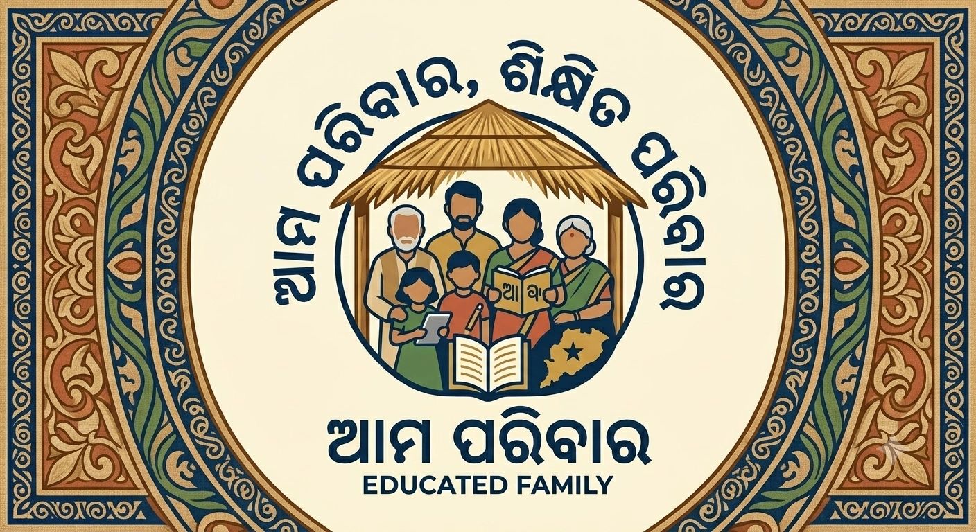 Illustration of an educated family under a thatched roof with books and tablets.