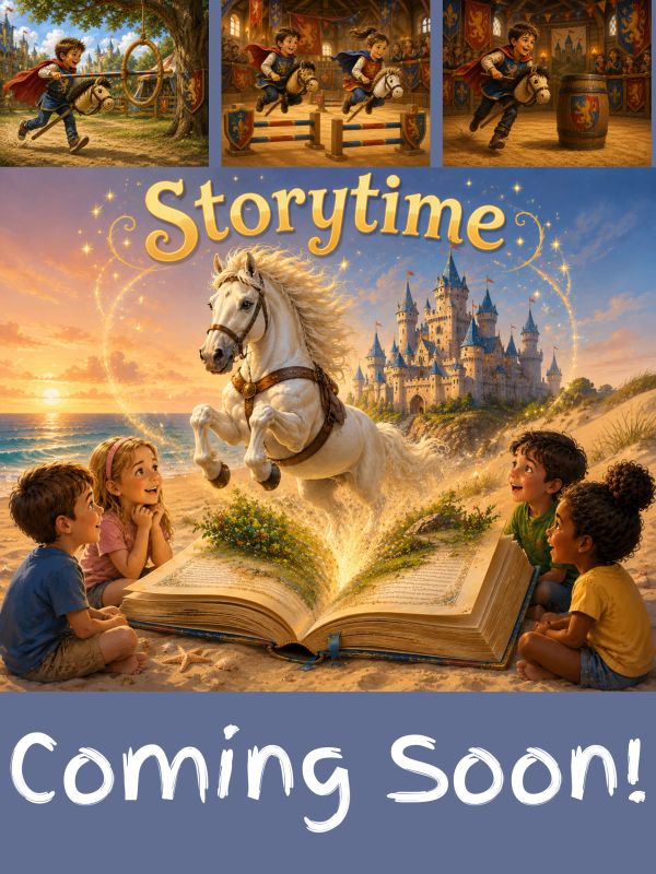 Children gather around an open book with a horse and castle emerging, titled Storytime.