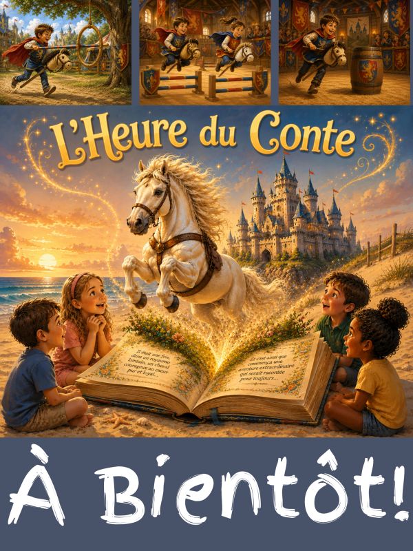 Affiche colorée d'un conte magique avec des enfants et un cheval blanc.