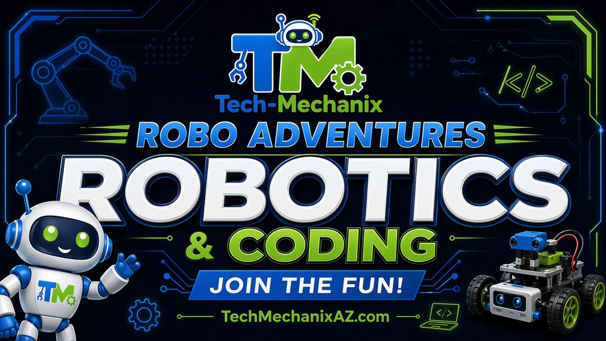 Bright advertisement for Tech-Mechanix Robo Adventures in robotics and coding.