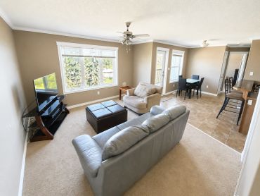 Bright living room with gray sofa and TV.