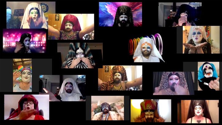 People dressed in elaborate costumes blow kisses through video call.