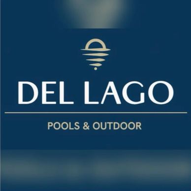 Del Lago Pools &amp; Outdoor logo on blue background.