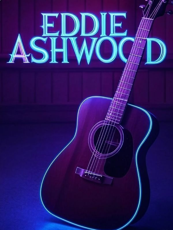 Acoustic guitar with glowing edges under 'Eddie Ashwood' neon sign.