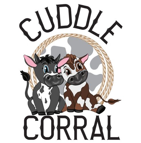 Two cute cartoon cows with the text 'Cuddle Corral'.
