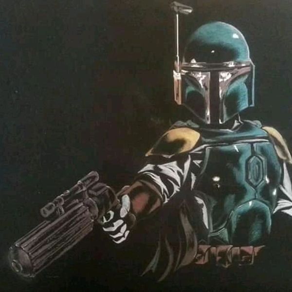 Boba Fett aiming a blaster, iconic Star Wars character.