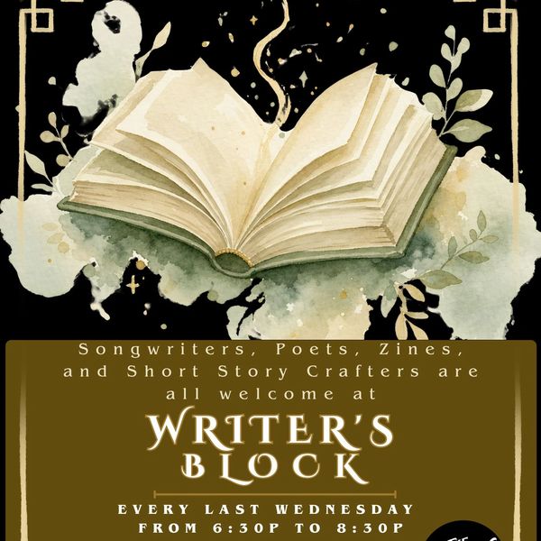 Open book illustration with writing event details.