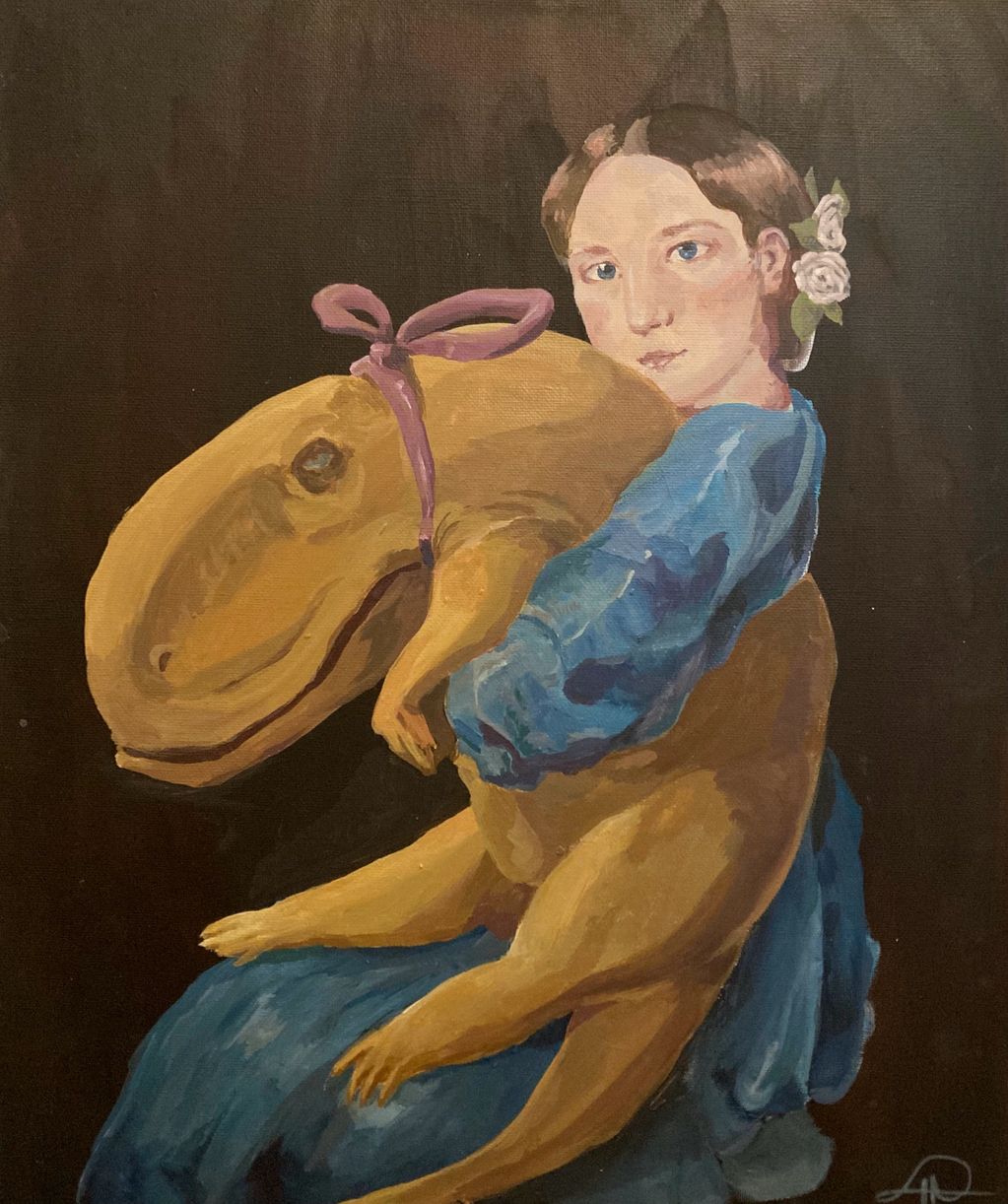 A painting of a young girl, dressed in a blue gown, holding a fantasy dinosaur.