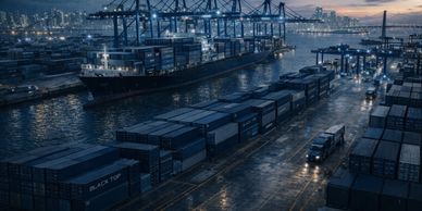 Night view of a busy shipping port with cranes and containers.