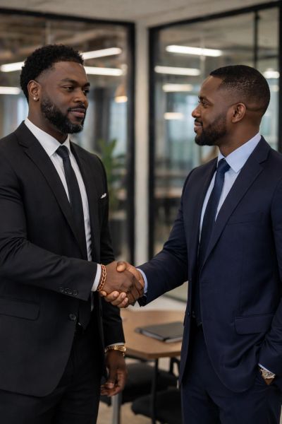 Two businessmen shaking hands in an office.
