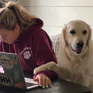Nicole Hindman training a dog to hold her hand while she works. 