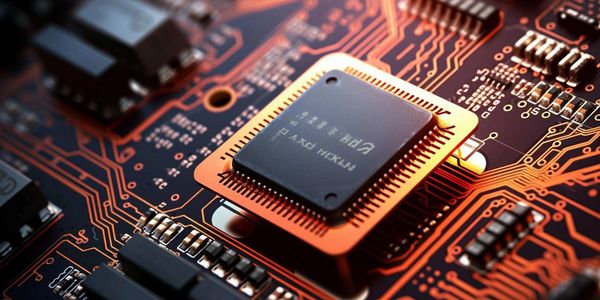 Close-up of a microchip on a circuit board with intricate copper pathways.