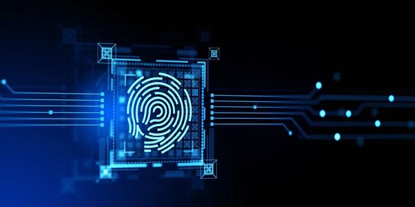 Digital fingerprint scanning with futuristic tech visuals.