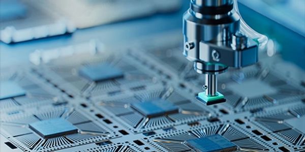 Robotic arm placing microchips on a circuit board in a high-tech factory.