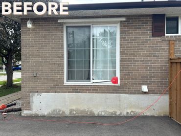 Brick house wall with a window and a cracked lower section labeled 'BEFORE'.