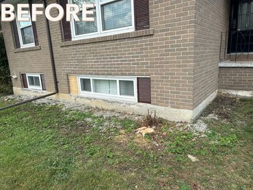 Brick house exterior with a tree stump and 'BEFORE' text.