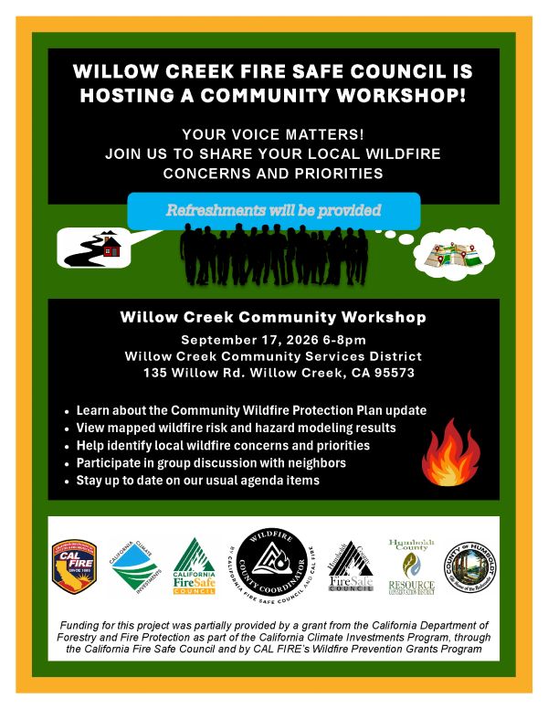 Community workshop on wildfire safety in Willow Creek, Sept 17, 2026.