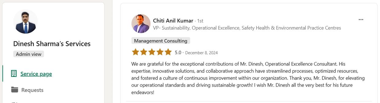 Client review praising Dinesh Sharma's operational excellence and innovative solutions.