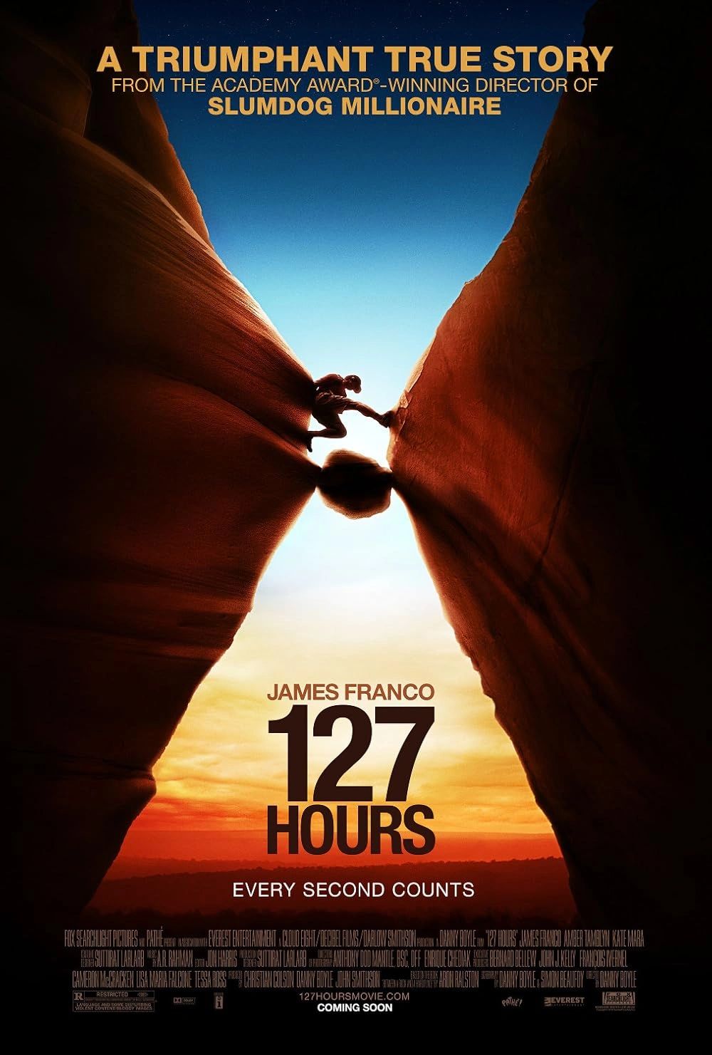 A climber trapped in a canyon in the movie 127 Hours.