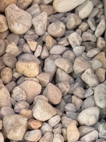 Close-up view of assorted small beige and gray pebbles.