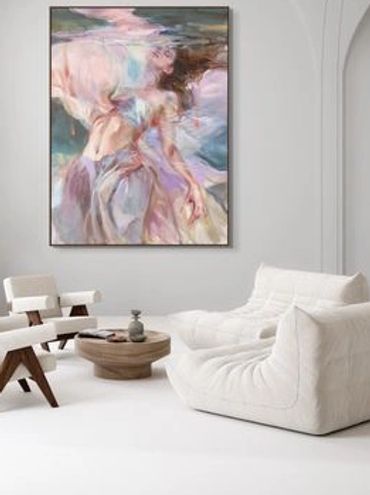 Modern living room with white furniture and abstract art on the wall.