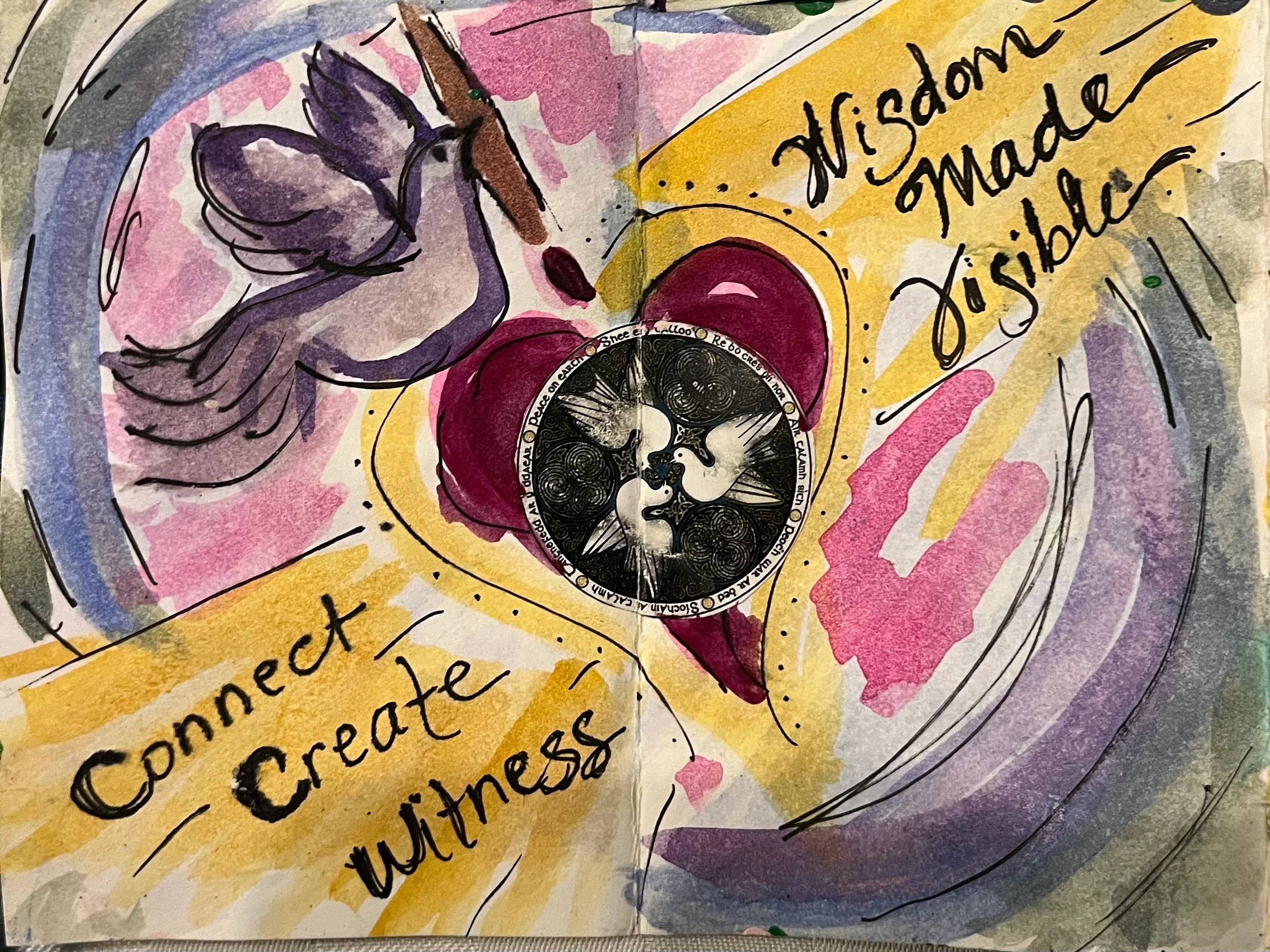 A colorful watercolor painting with connect, create, and witness words
