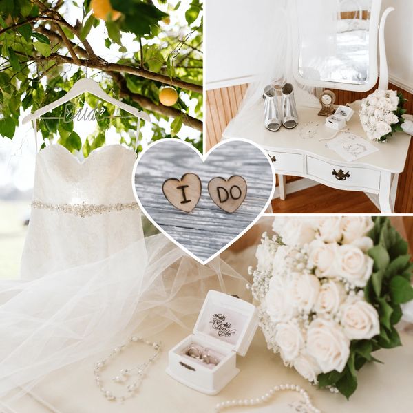 Wedding dress, bouquet, rings, and shoes.