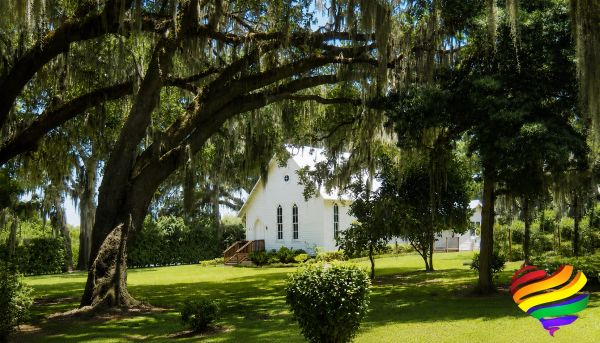 A white church surrounded by large trees and greenery.